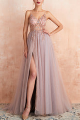 A Line Grey Pink V-neck Tulle Beaded Long Prom Dress with Slit