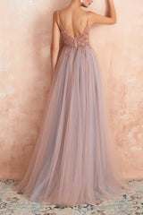 A Line Grey Pink V-neck Tulle Beaded Long Prom Dress with Slit