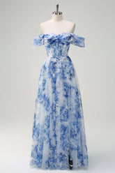 A-Line Off-The-Shoulder Corset Blue Floral Tulle Maxi Dress