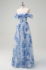 A-Line Off-The-Shoulder Corset Blue Floral Tulle Maxi Dress