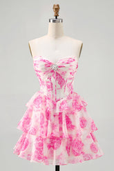 A-Line Strapless Corset Tiered Fuchsia Floral Short Homecoming Dress
