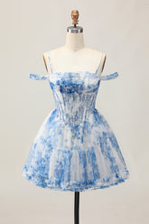 A-Line Cold Shoulder Corset Beaded Short Homecoming Dress with Pearls