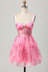 A-Line Floral Spaghetti Straps Sheer Corset Pink Short Homecoming Dress