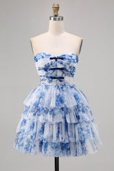 A Line Strapless Tiered Corset White Blue Flower Homecoming Dress with Lace Up Back