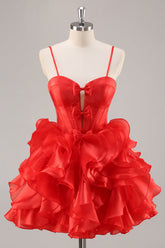 A Line Strapless Corset Ruffle Red Homecoming Dress with Bows