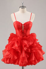 A Line Strapless Corset Ruffle Red Homecoming Dress with Bows