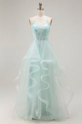 A Line Light Green Appliqued Tulle Long Prom Dress
