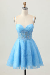 A Line Blue Short Corset Short Homecoming Dress with Lace Up Back