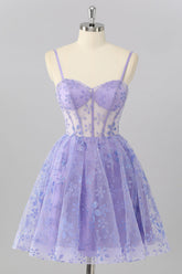 A Line Sheer Corset Sequin Purple Homecoming Dress with Lace Up Back