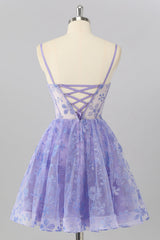 A Line Sheer Corset Sequin Purple Homecoming Dress with Lace Up Back