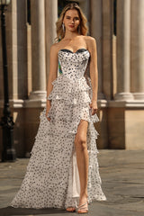 A Line Strapless Corset Tiered Polka Dots Ruffle Long Prom Dress with Slit