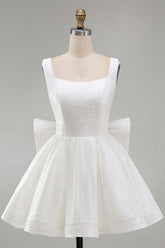 A Line Square Neck Sequins Short Homecoming Dress with Back Giant Bow