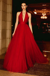 A Line Halter Tulle Open Back Long Red Carpet Dress