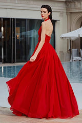 A Line Halter Pleated Tulle Backless Long Red Carpet Dress
