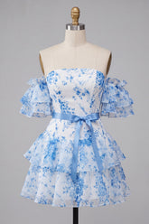 A-Line Blue Off the Shoulder Tiered Floral Homecoming Dress
