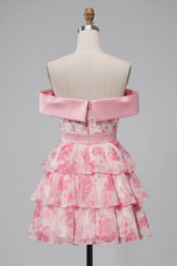 A-Line Off the Shoulder Pink Corset Floral Tiered Homecoming Dress with Bow