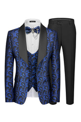 3 Piece Blue One Button Shawl Lapel Jacquard Men's Prom Suits