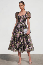 A Line Midi Multi Floral Dress with Puff Sleeves