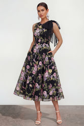 A Line Printed Bowed Midi Multi Floral Dress with Pockets