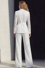 2 Piece White Lace Floral Notched Lapel Wide Leg Prom Suits with Belt