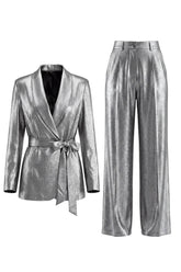 2 Piece Grey Wide Leg Shawl Lapel Prom Suits with Bow