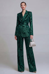 2 Piece Floral Dark Green Notched Lapel Wide Leg Prom Suits with Belt