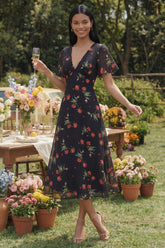 A-Line Black Red Flower V-Neck Midi Dress with Short Sleeves