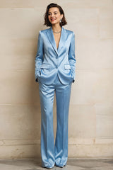 2 Piece Blue Single Breasted Satin Peak Lapel Women Suits with Pockets