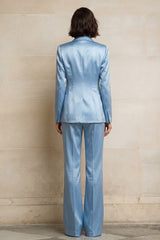 2 Piece Blue Single Breasted Satin Peak Lapel Women Suits with Pockets