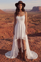 A Line Spaghetti Straps Ivory Floral Lace High Low Boho Wedding Dress