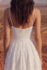 A Line Spaghetti Straps Ivory Floral Lace High Low Boho Wedding Dress