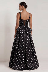 A-Line Satin Black White Dots Square Neck Long Formal Dress with Bow