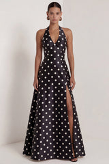 A-Line Satin Black White Dots Halter Neck Long Formal Dress with Slit