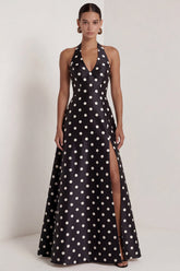 A-Line Satin Black White Dots Halter Neck Long Formal Dress with Slit
