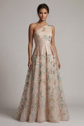 A Line Floral Long Sparkly Champagne Sequin Mother of the Bride Dress