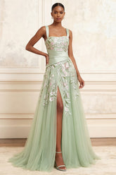 A-Line Square Neck Dusty Sage Tulle Floral Embroidered Long Prom Dress with Slit