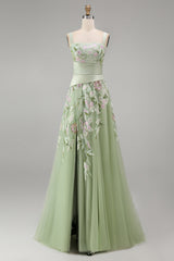 A-Line Square Neck Dusty Sage Tulle Floral Embroidered Long Prom Dress with Slit