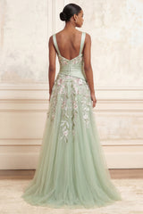 A-Line Square Neck Dusty Sage Tulle Floral Embroidered Long Prom Dress with Slit