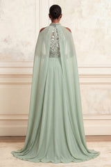 A-Line Halter Neck Dusty Sage Tulle Floral Embroidered Beaded Long Prom Dress with Cape