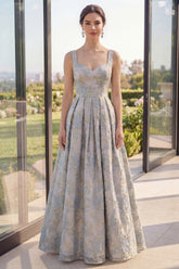 A Line Dusty Blue Floral Thick Straps Jacquard Maxi Dress