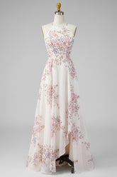 A Line Halter Apricot Floral Ruffled Open Back Beach Maxi Dress with Slit