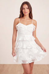 A-Line White Floral Tiered Mini Graduation Dress with Ruffles