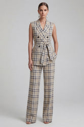 2-Piece Grey Grid Peak Lapel Double Breasted Women Suits