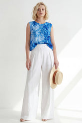 2-Piece Blue Printed Sleeveless Round Neck Women Suits