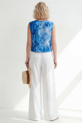 2-Piece Blue Printed Sleeveless Round Neck Women Suits