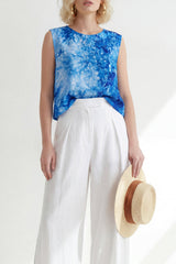 2-Piece Blue Printed Sleeveless Round Neck Women Suits