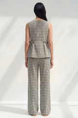 2 Piece Black and White Grid Boat Neck Ruffled Striped Slim Fit Business Suits