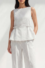 2 Piece White Boat Neck Ruffled Striped Slim Fit Business Suits