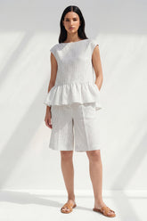 2 Piece White Boat Neck Ruffled Striped Business Suits with Pockets