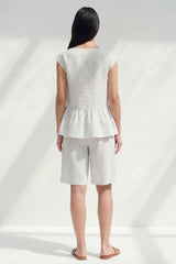 2 Piece White Boat Neck Ruffled Striped Business Suits with Pockets